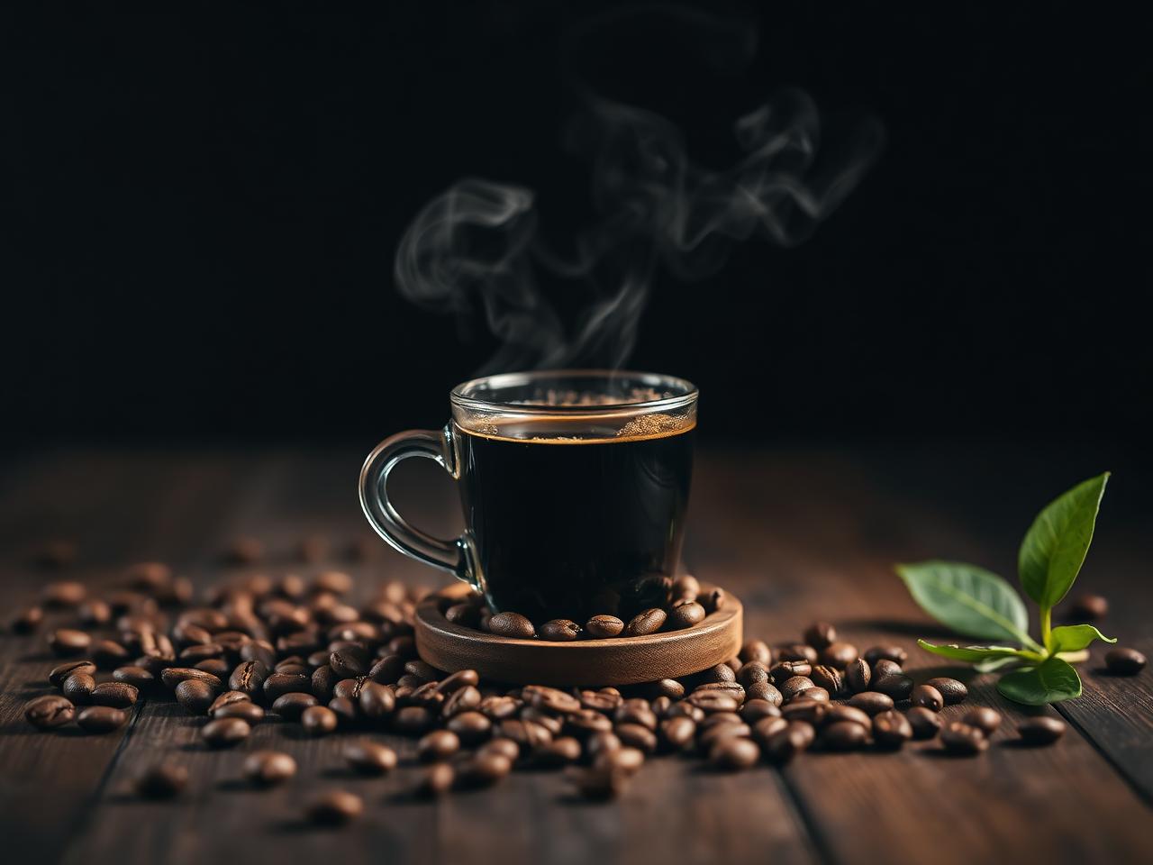 Dampfende Tasse schwarzer Kaffee umgeben von frischen Kaffeebohnen